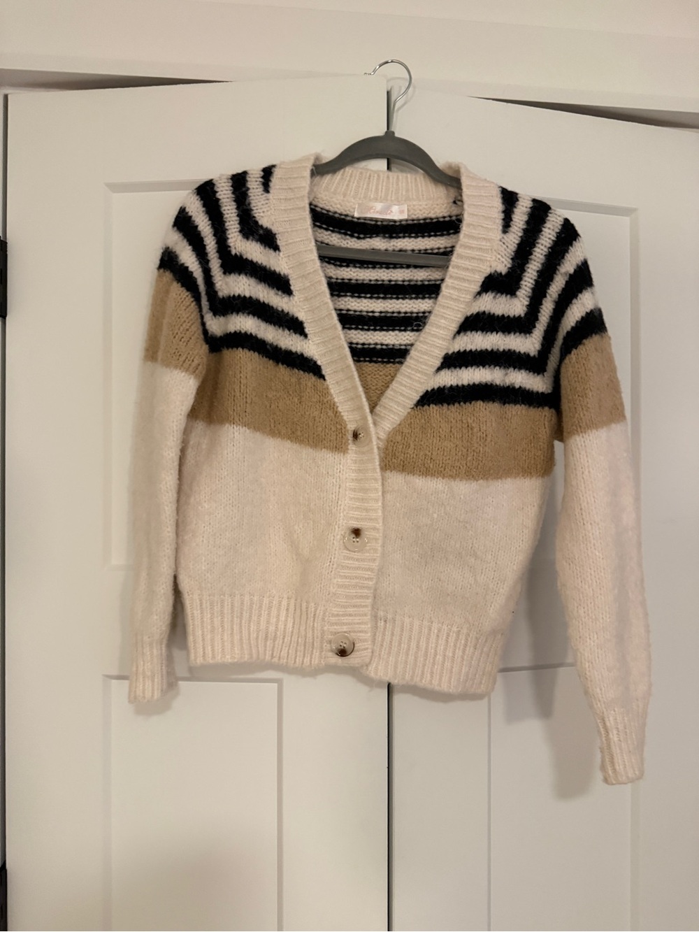 Miracle Cream, Tan & Black Striped V-Neck Button Cardigan